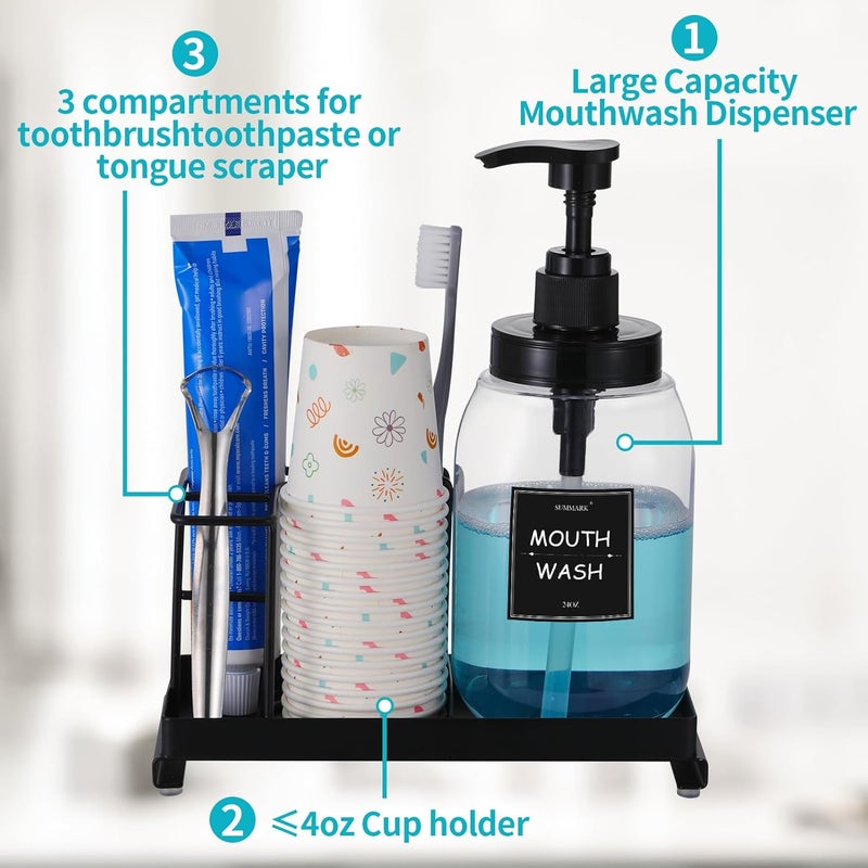 Summark Mouthwash Dispenser with Toothbrush Holder,Mouth Wash Pump Bottle with Stainless Steel Cup Holder,24 OZ Refillable Clear Mouthwash Container with 21Pcs Paper Cups - Image 4